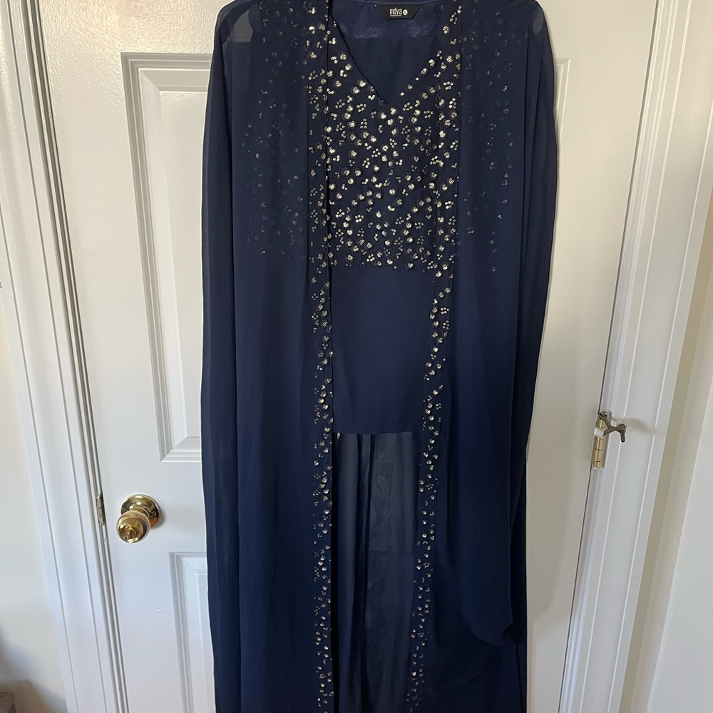 Navy blue 3-piece floral embroidered set - crop top, palazzo pants, sheer jacket